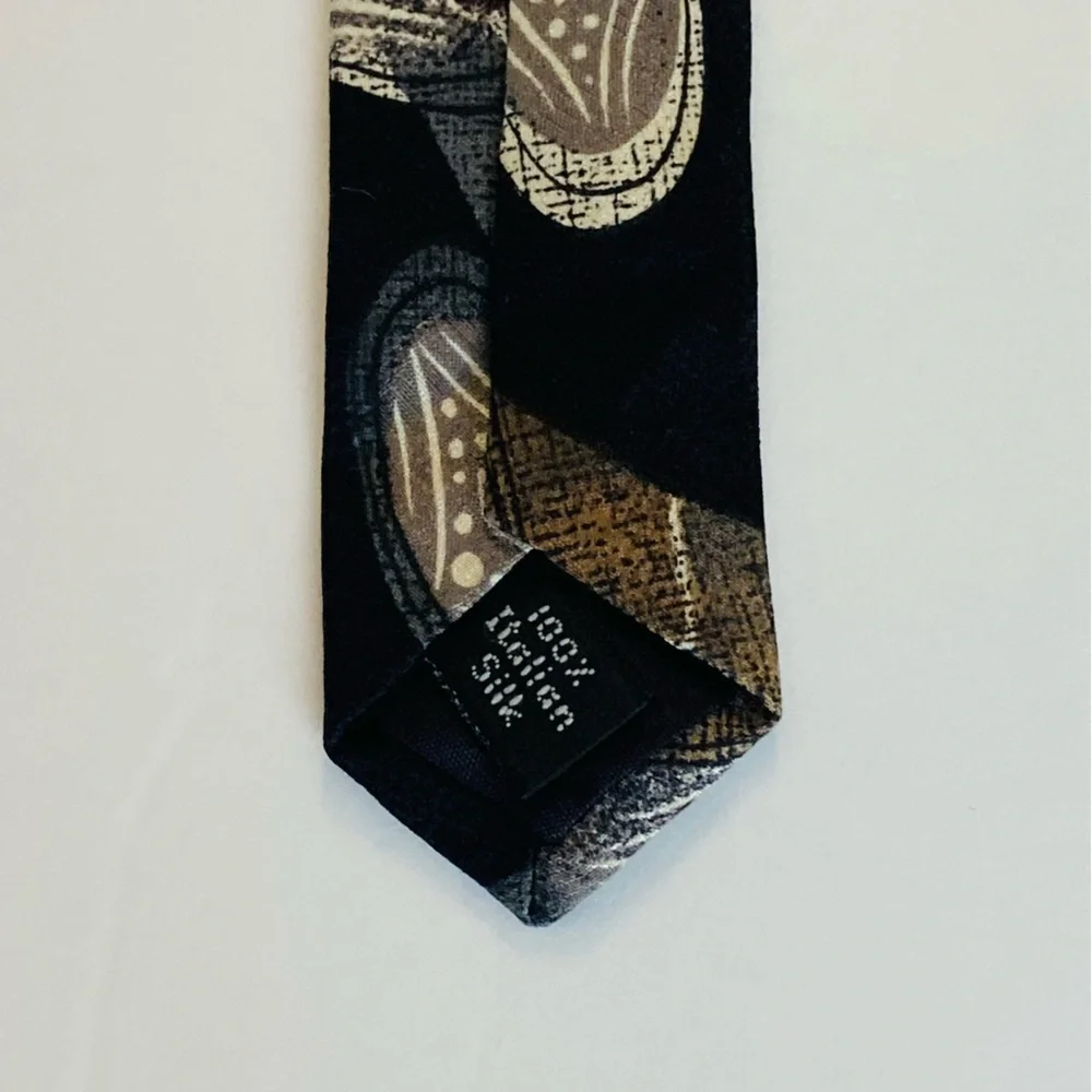 Bundle of 2 Henry Grethel Italian Silk Neck Ties 58” and 56” Paisley Leaf Black